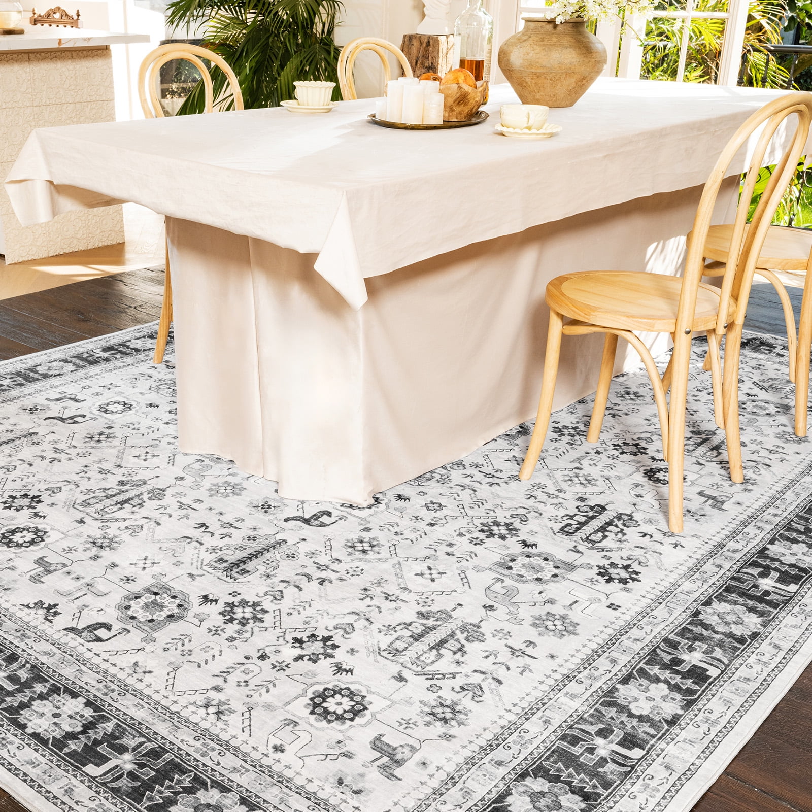 VUNATE Area Rug 5x7 Washable Vintage Distressed Rug, Soft Traditional Farmhouse Neutral Living Room Bedroom Dining Room Rug, Non Slip Indoor Carpet Rug, Grey Green